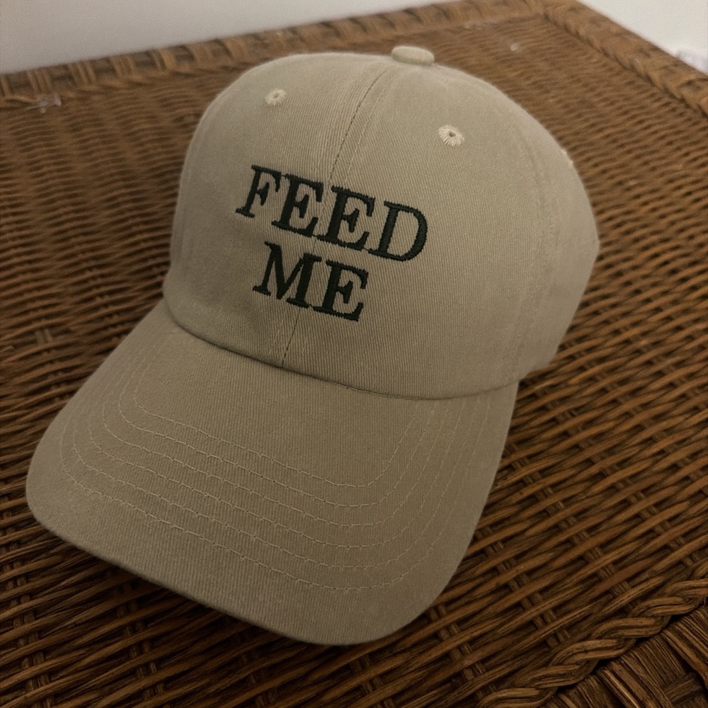 Beige 'FEED ME' Embroidered Baseball Cap